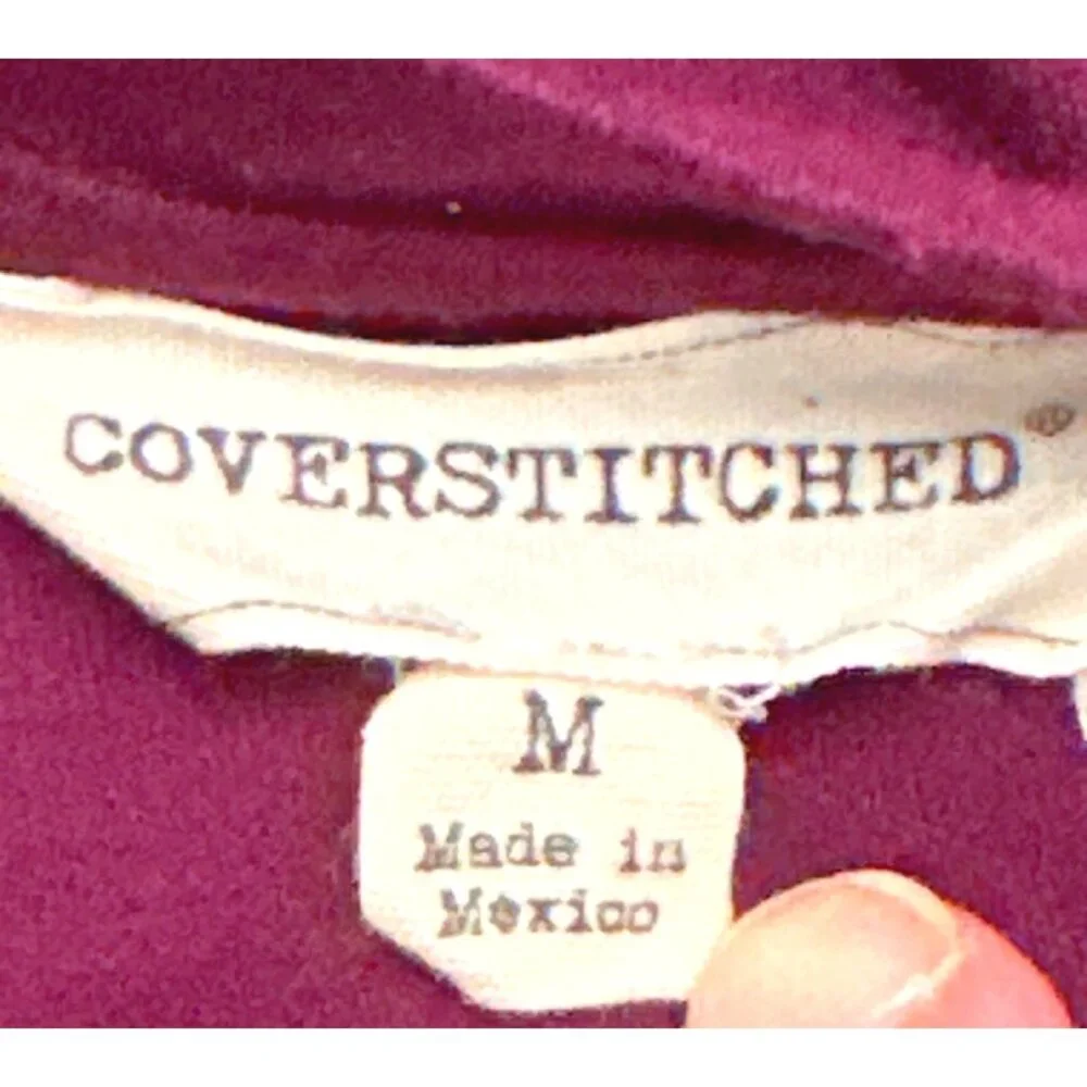 Coverstitched Burgundy Lace Trim Bell Sleeve Top Size M - Picture 5 of 9